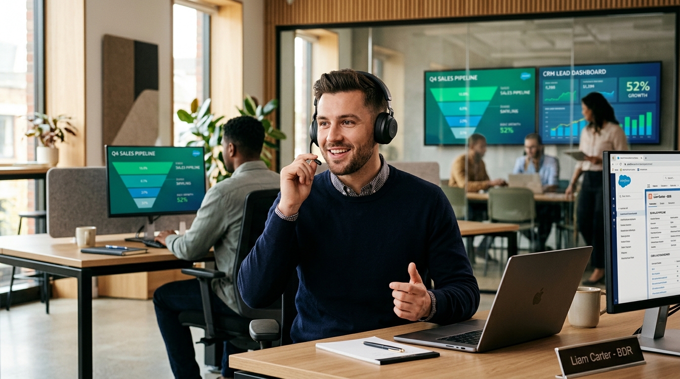 Senior BDR executing cold call objection handling with calm conversational composure
