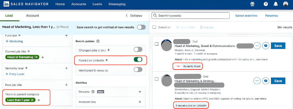 LinkedIn Sales Navigator search interface showing Head of Marketing filter with Posted on LinkedIn spotlight and Less than 1 year tenure